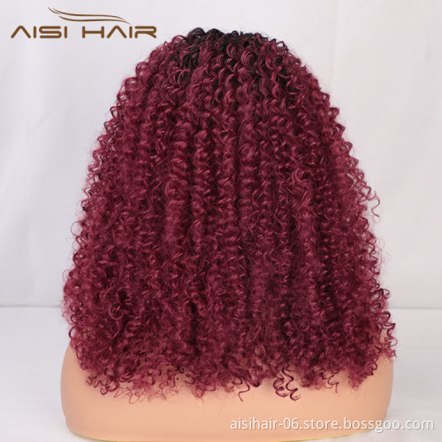 Aisi Hair Medium Long Afro Kinky Curly Wig Cosplay Ombre Red Swiss Lace Synthetic Wig Lace Frontal Hair Wigs For Black Women
